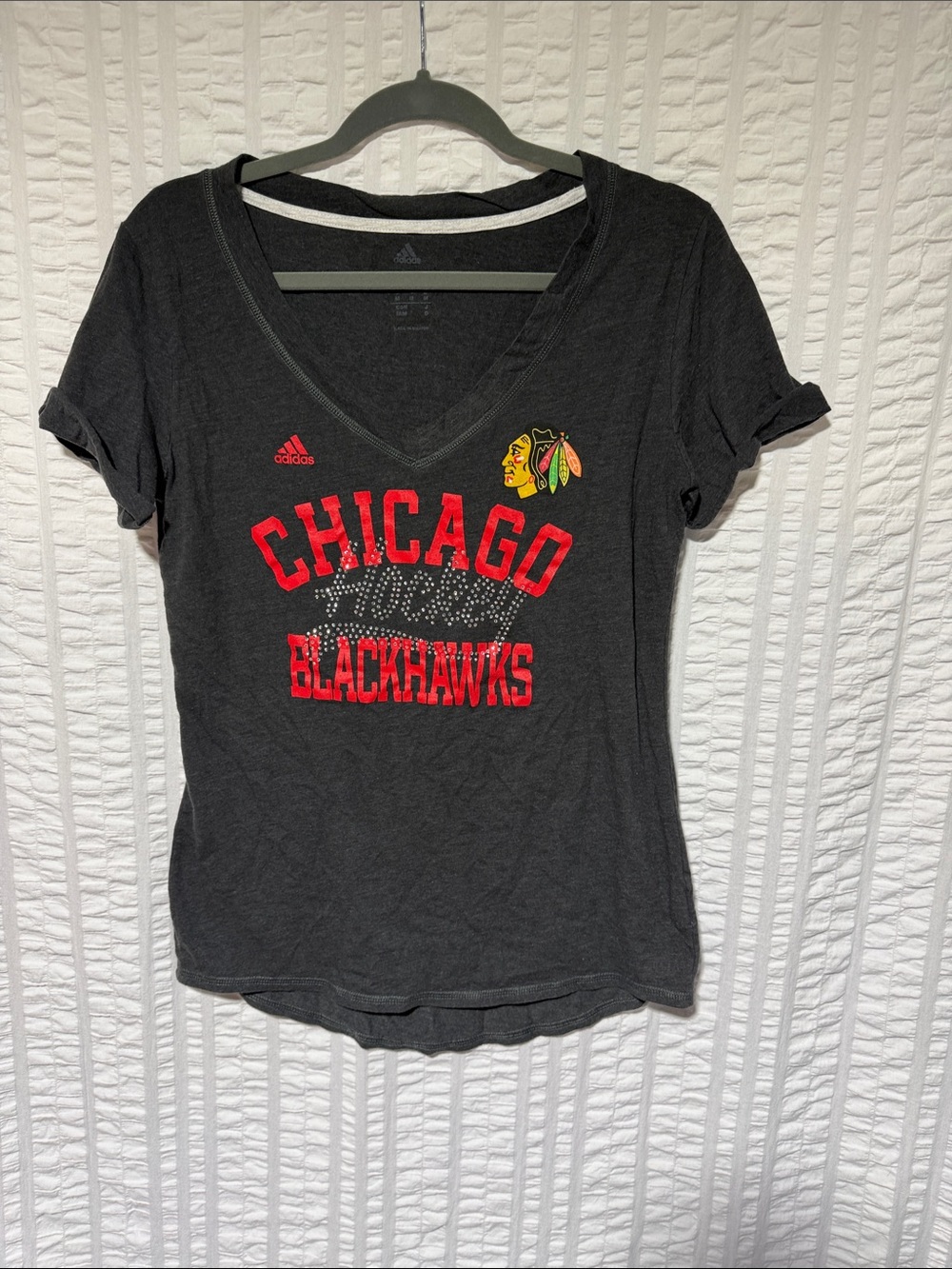 adidas Chicago Blackhawks V-Neck Tee - Black with Red & Yellow Logo